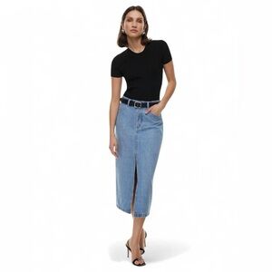 Aritzia Babaton Denim Midi Skirt Light Wash High Rise Front Slit Size 8